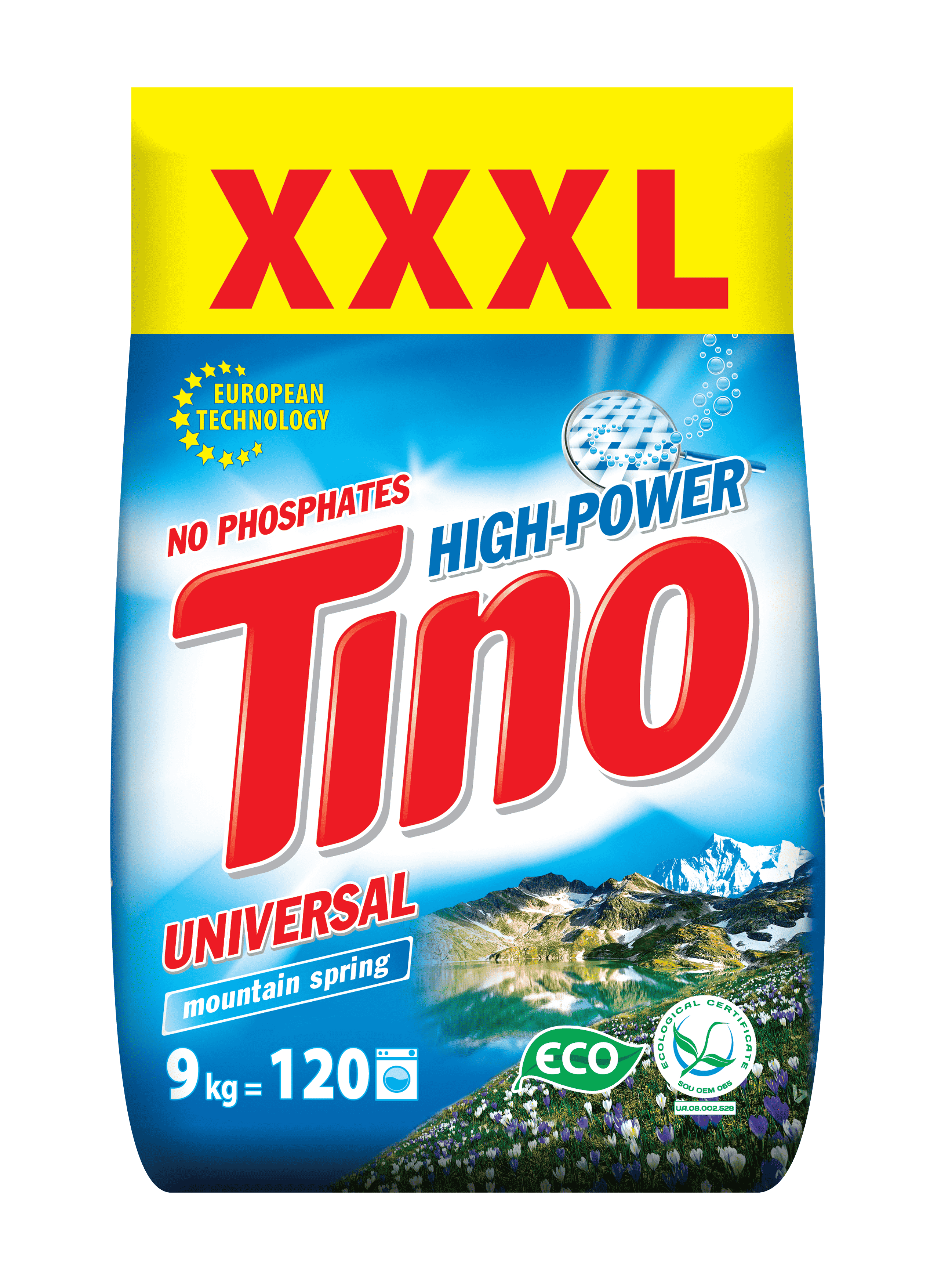 Порошок пральний безфосфатний ТМ Tino High-Power універсальний Mountain spring 9 кг